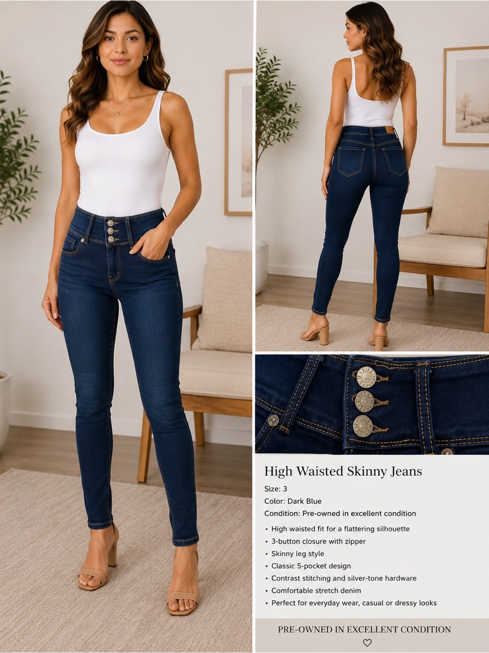 High-Waisted Dark Blue Skinny Jeans - Classic Stretch Denim